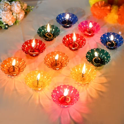 (Pack of 12) 3D Shadow Reflection Oil Diya – Colorful Decorative Reusable Deepak for Diwali & Festive Décor